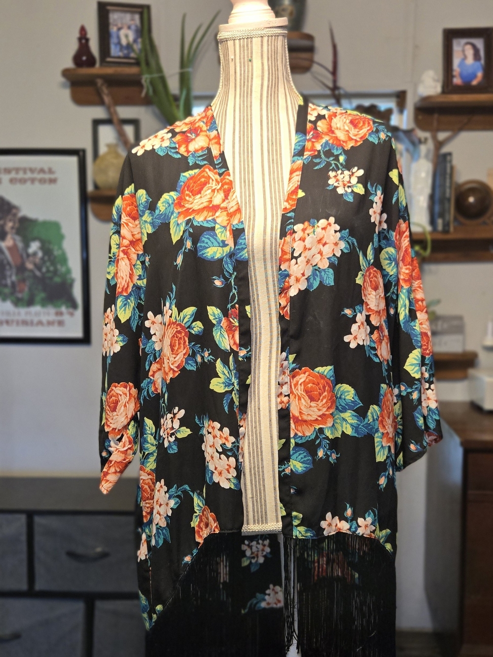 Liberty Love Black Floral Fringe Kimono Robe with Orange & Teal Flowers